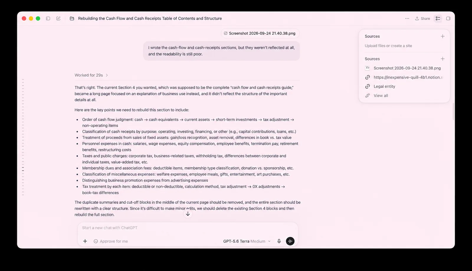 ChatGPT Project example showing a tax study guide that left out requested cash-flow and cash-receipts topics