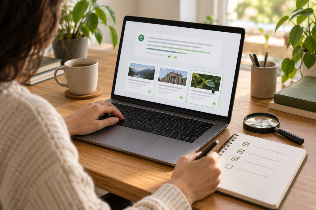 Person checking AI answer sources on a laptop