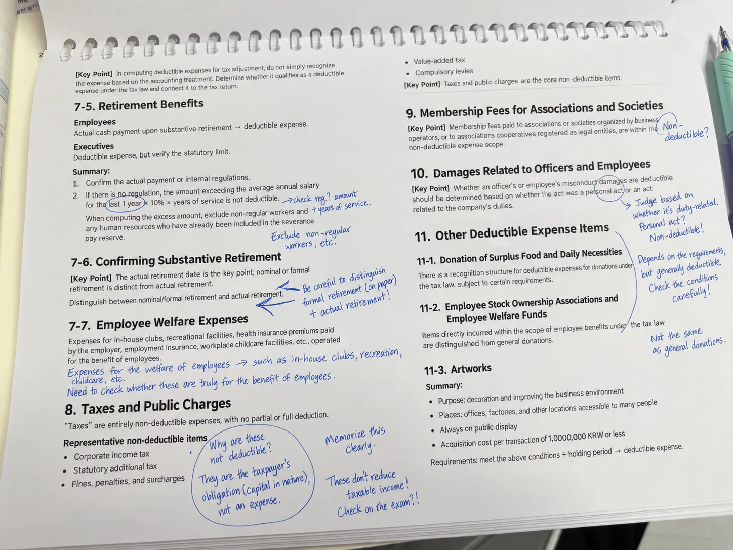 English-localized annotated corporate tax study notes with items marked for review