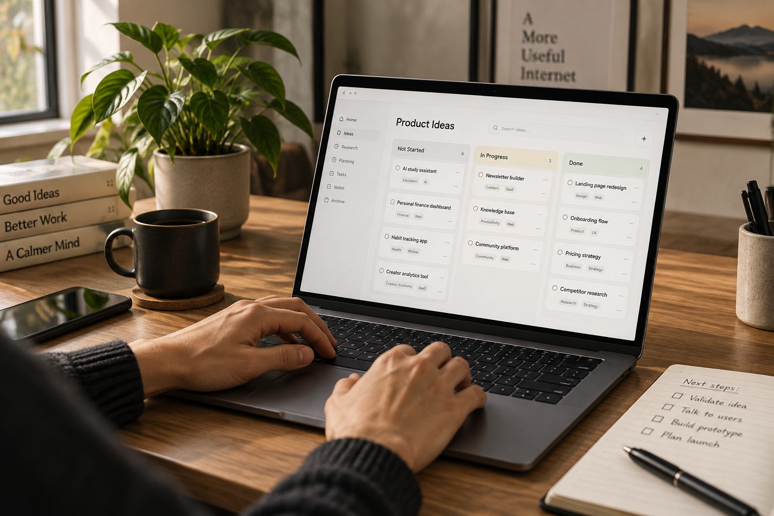 Person organizing product ideas on a laptop