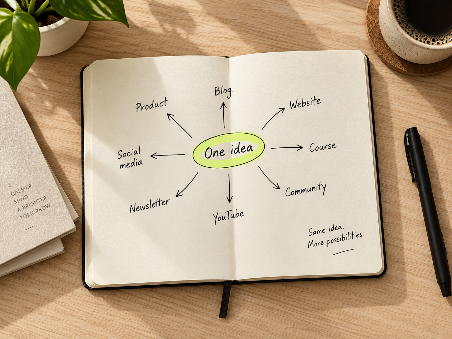 Notebook showing one idea branching into several content formats