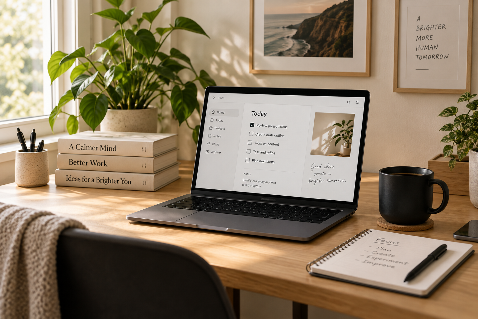 A calm home workspace with a laptop open to a productivity checklist